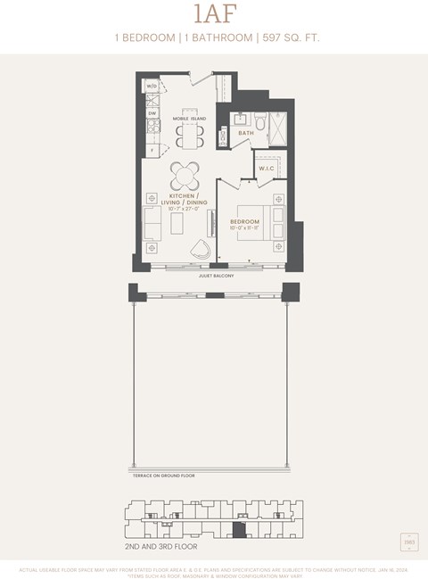 Floor plan for 1 bed, 1 bath, 597 sqft
